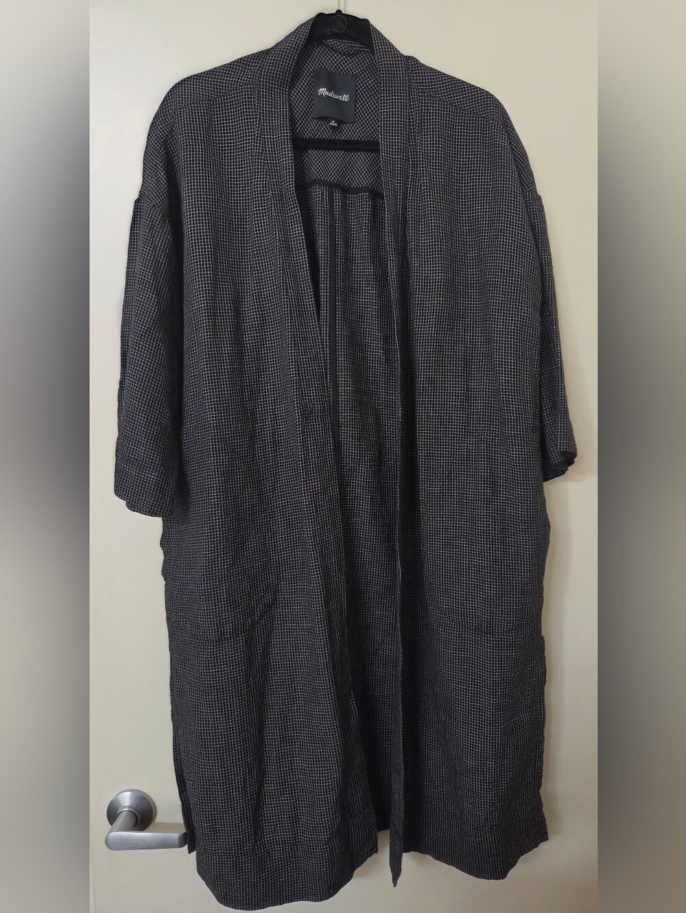 Madewell Grid Print Linen Blend Kimono Duster Jacket True Black Medium